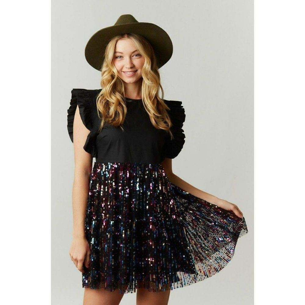 Peach Love CA The Janet Dress in Black Rainbow Sequin ID38509-01